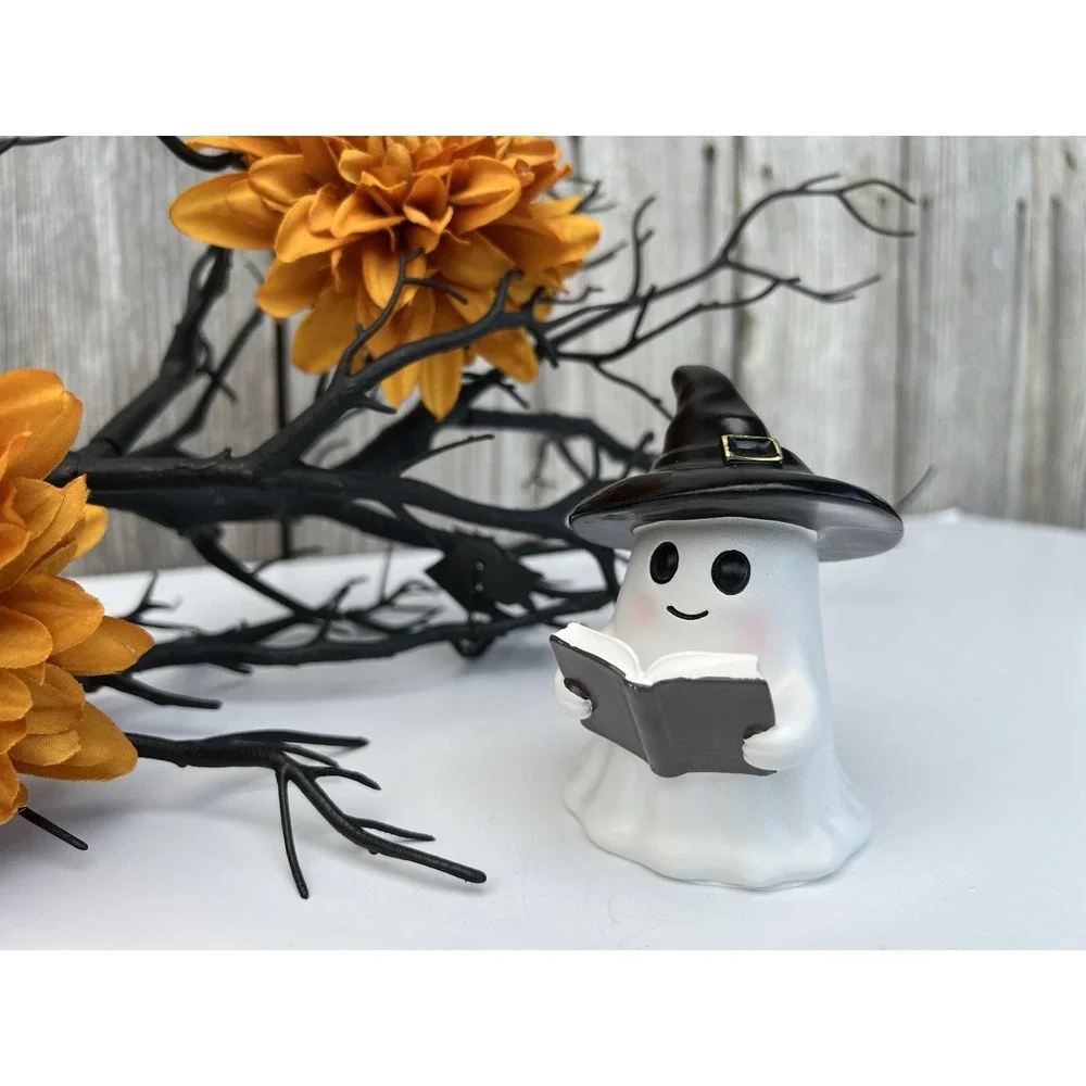 Cute Halloween Ghost Reading Statue, Wearing a Witch Hat 4 in New